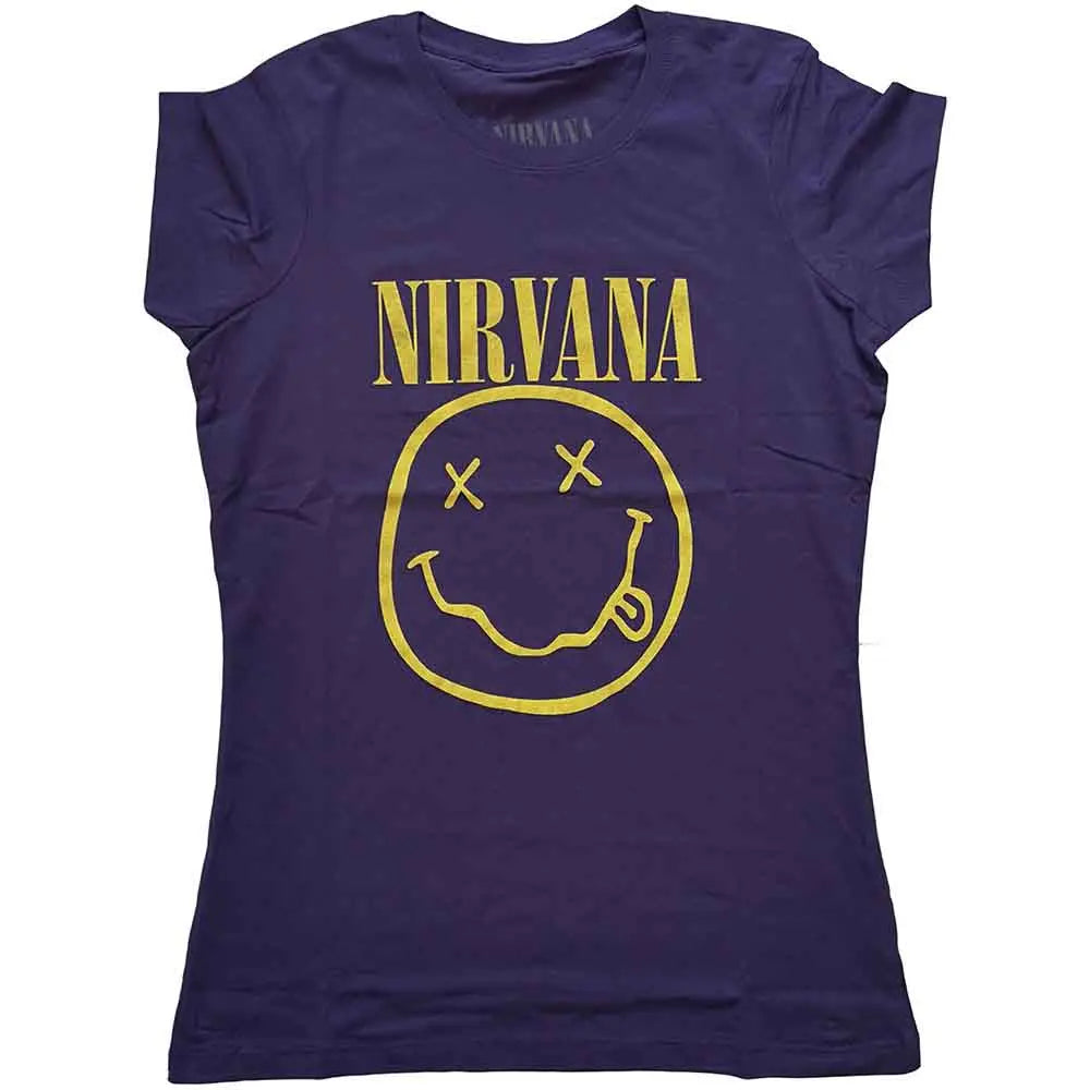 Nirvana Ladies Shirt Yellow Happy Face (Purple) Shirts