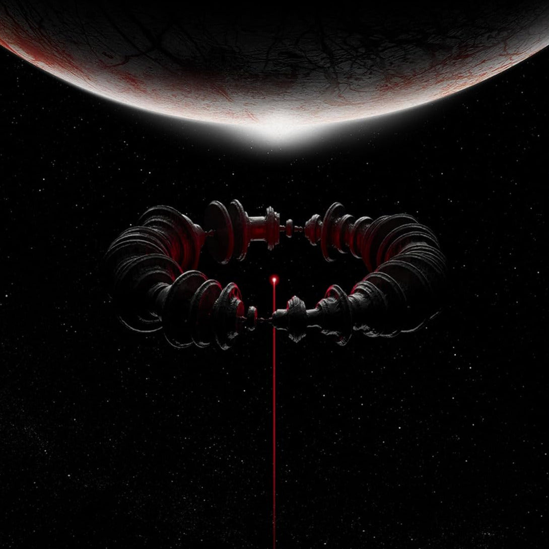 Red vinyl record with a black cover featuring a worm-like creature and a planet.