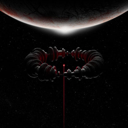 Red vinyl record with a black cover featuring a worm-like creature and a planet.